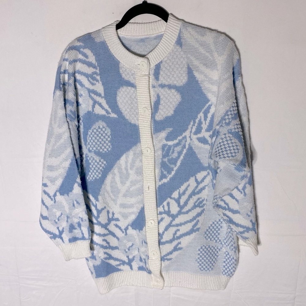 Vintage Blue White Leaf Print Jacquard Button Up Cardigan M Cottagecore Granny